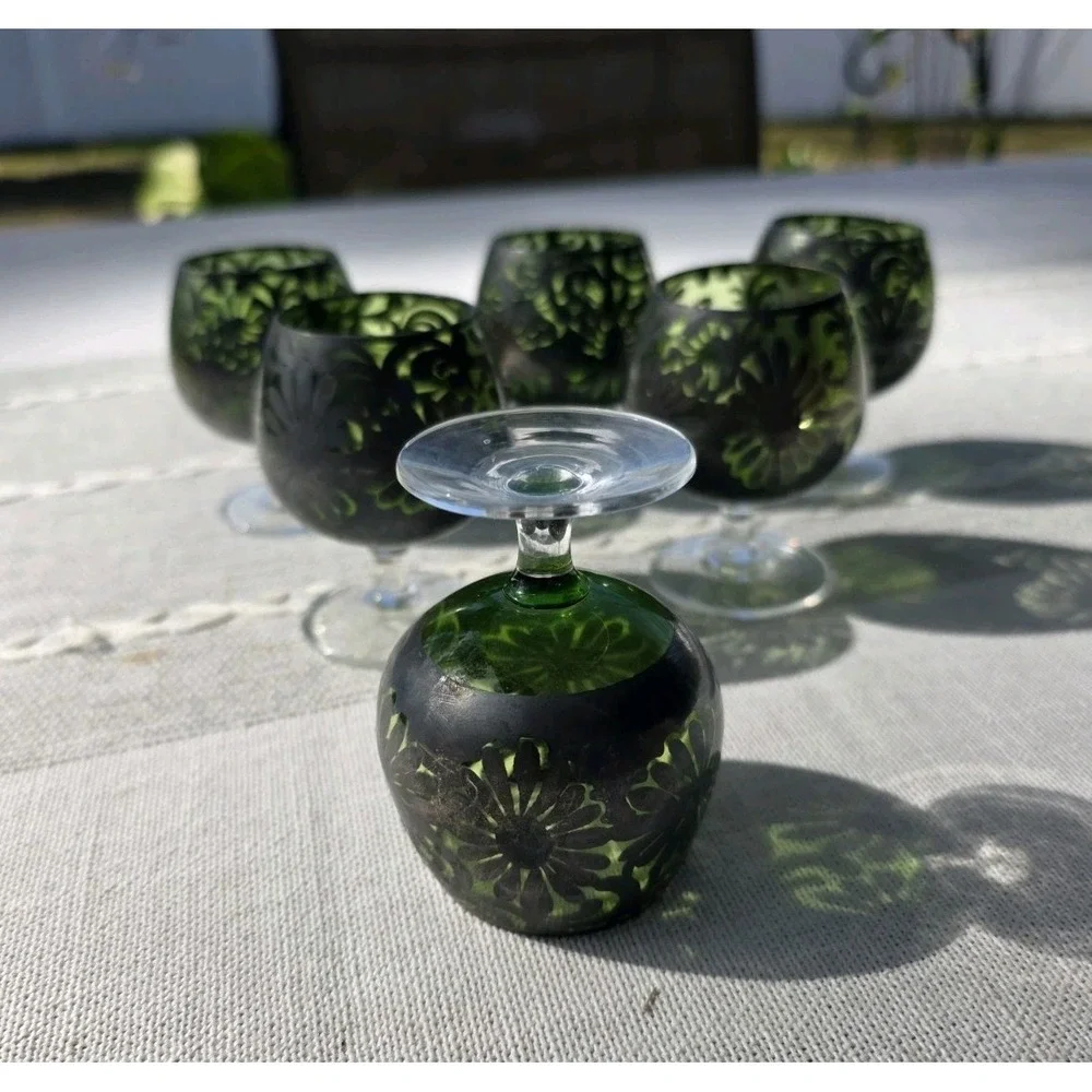 VTG Green Silver Overlay Cordial‎ Liqueuer Glasses Set of 6 Stemware 3